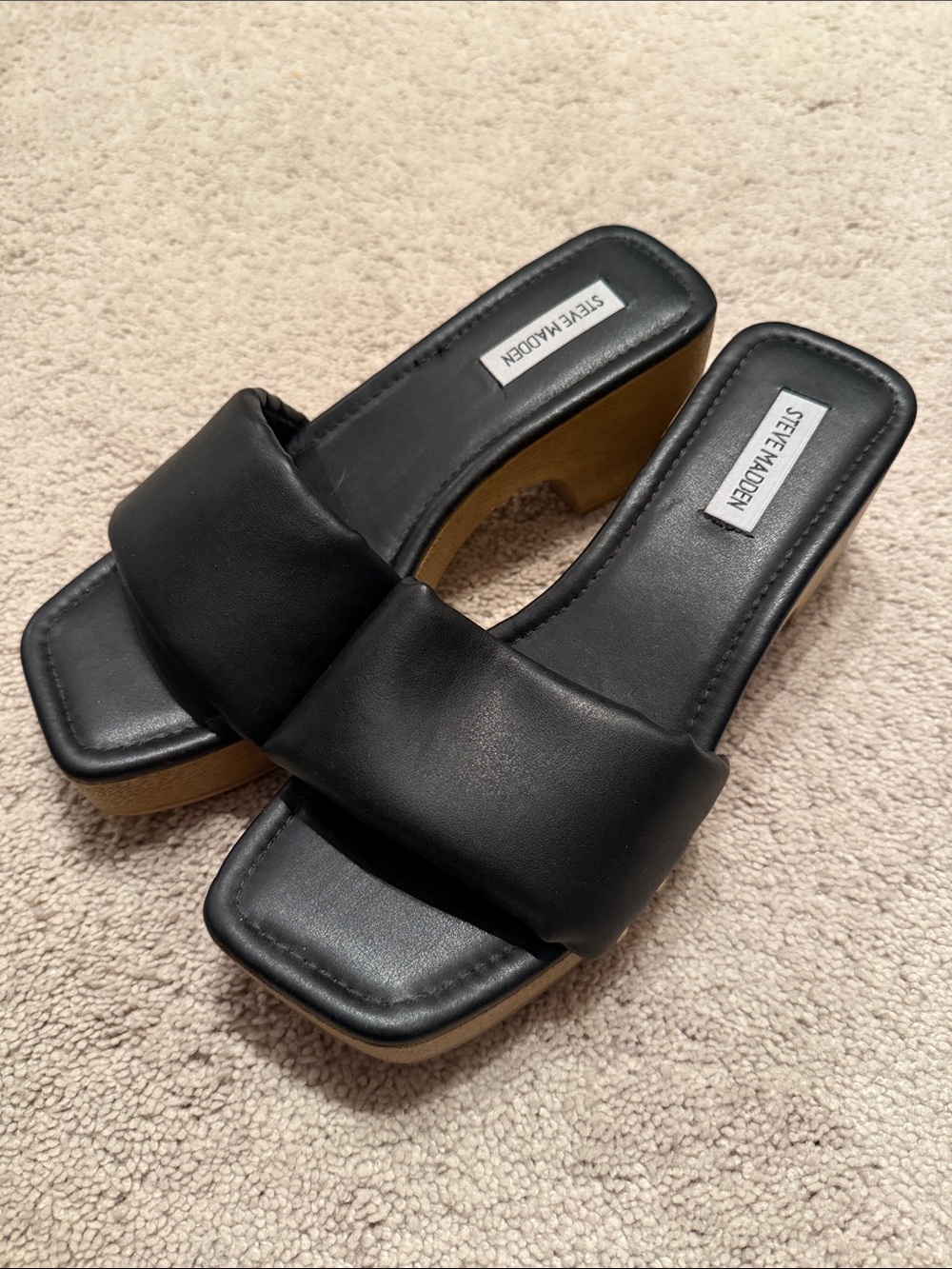 Steve Madden Black Padded Slide Mules with Wood-Effect Block Heel